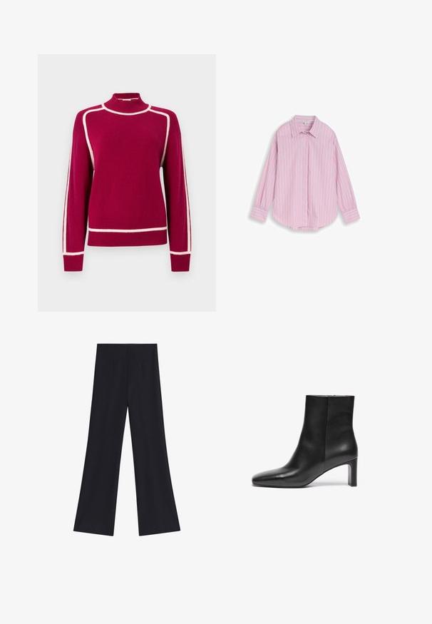 Fuchsia strikket sweater med høj krave, der har kontrasterende hvide accentlinjer langs skuldre og ærmer. Blød tekstur og afslappet pasform.; Langærmet skjorte med knapper og pinke og hvide lodrette striber samt en spids krave, vist på en ensartet lys baggrund.; Sorte vidde bukser med høj talje og forreste folder, vist på en ensfarvet hvid baggrund.; Sort læder ankelstøvle med spids tå, snæver hæl og glat tekstur; har en lynlåslukning i siden.