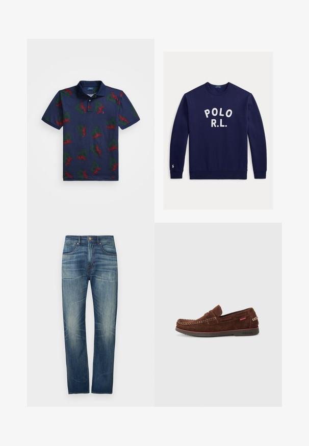 Marineblå crewneck sweatshirt med hvid "POLO R.L." tekst på brystet og lille hvid Polo Ralph Lauren logo på venstre ærmekant.; Marine polo skjorte med et alt-over-print af røde vinger og grønne bogstaver "P" på et struktureret stof. Inkluderer en klassisk krave og en tre-knaps knapliste.; Mørkeblå denimjeans med straight ben, der har let falmet effekt, fem lommer og en knaplukning ved taljen.; Brune ruskind loafers med en rund tå, syet detalje langs kanten og en gummisål. Har et lille mærke på siden.