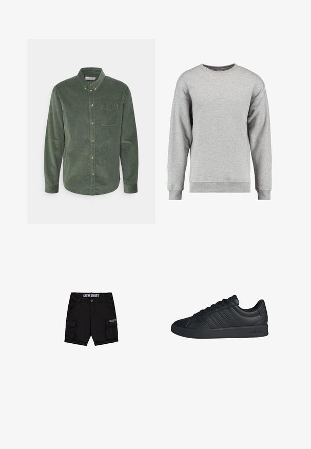 Sweatshirt gris à col rond fabriqué en coton doux. Il présente des manches longues, des poignets et un ourlet côtelés, ainsi qu'un design simple et sans embellissement.; Chemise boutonnée en velours côtelé vert, à manches longues, avec un col, une poche avant et des boutons dorés. Elle présente un tissu texturé et un ourlet incurvé.; Short cargo noir avec plusieurs poches, fermeture par bouton, passants pour ceinture et texte « CREW SHORT » sur la ceinture intérieure.; Baskets basses Adidas noires avec trois bandes latérales, fermeture à lacets, col rembourré et semelle en caoutchouc.