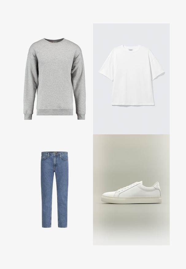 Grå crewneck sweatshirt lavet af blød bomuld. Har lange ærmer, ribbede manchetter og kant, samt et simpelt, udekoreret design.; Hvid oversized t-shirt med korte ærmer og rund halsudskæring med sænkede skuldre, fladt lagt på lys grå baggrund.; Lyseblå denimjeans med lige ben, fem lommer og kontrastsyede syninger. Let falmet for et slidt look. Kraftig metal knap.; Hvid lavtop sneaker med snørebånd foran og tyk sål, vist fra siden mod en neutral baggrund.