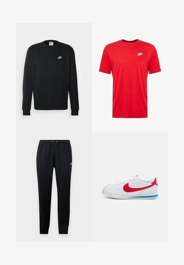 Sudadera negra fabricada en un tejido suave, con escote redondo, mangas largas, puños acanalados y un pequeño logo blanco de Nike en el pecho.; Camiseta de algodón roja de cuello redondo con mangas cortas, que presenta un logo de Nike blanco en la parte izquierda del pecho. Textura suave y diseño casual.; Pantalones deportivos negros de tejido suave, con una cintura elástica y cordones, tobillos rematados y un pequeño logo en el lateral.; Zapatilla blanca con acentos rojos, con una parte superior de cuero suave, punta redonda y una suela azul. Diseño con cordones y detalles de costura visibles.