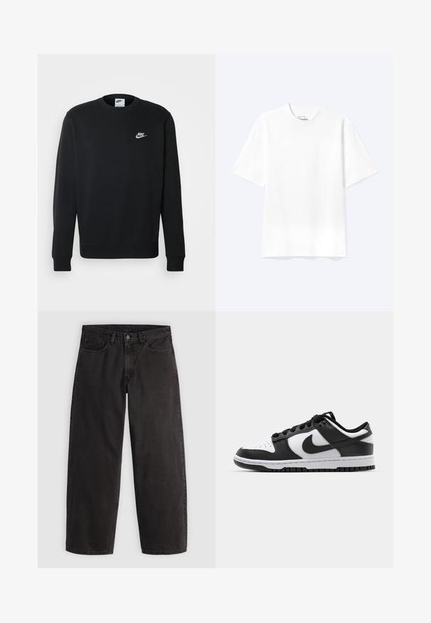 Sudadera negra fabricada en un tejido suave, con escote redondo, mangas largas, puños acanalados y un pequeño logo blanco de Nike en el pecho.; Camiseta lisa blanca de manga corta y cuello redondo con un corte relajado, mostrada sobre un fondo claro.; Vaqueros negros de pierna recta con cinco bolsillos y trabillas para cinturón, mostrados extendidos sobre un fondo claro y liso.; Zapatillas Nike Dunk en blanco y negro con parte superior de cuero, puntera perforada, cordones negros y suela de goma negra con diseño de tracción.