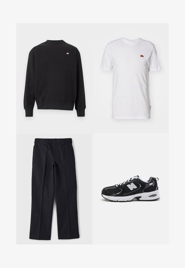 Schwarzer Pullover mit Rundhalsausschnitt und langen Ärmeln, mit gerippten Bündchen und Saum, versehen mit einem kleinen Pfirsich-Logo auf der oberen linken Brust.; Schlichtes weißes kurzärmeliges T-Shirt mit kleinem rot-orangefarbenem Halbkreis-Logo im oberen linken Brustbereich.; Schwarze Hose aus strapazierfähigem Stoff, mit geradem Schnitt, Bund mit Gürtelschlaufen und ohne sichtbare Taschen oder Verzierungen.; Schwarze und graue Sportschuhe mit Obermaterial aus Mesh und Wildleder, ausgestattet mit einer weißen Zwischensohle, Schnürsenkeln und einem markanten "N"-Logo an der Seite.