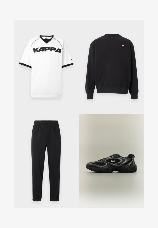 Sweat-shirt noir à manches longues avec col rond, poignets et ourlet côtelés, arborant un petit logo pêche sur le haut de la poitrine à gauche.; Maillot de sport blanc à manches courtes avec bordure noire, texte noir "KAPPA" sur la poitrine et petit logo sur la manche gauche.; Pantalon de jogging à taille élastique noire avec poignets élastiques, coupe droite, sans ornements visibles, présenté sur un fond clair.; Baskets de sport noires et grises avec des panneaux en mesh, un design à lacets, une semelle épaisse et un petit logo de crocodile sur le côté.