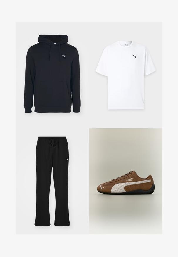 Sort hættetrøje lavet af en bomuldsblanding, med en lomme foran, snøre i hætten og et lille hvidt logo på brystet. Glat tekstur.; Hvid t-shirt med korte ærmer og rund hals med en lille sort Puma-logo på venstre bryst mod en lys baggrund.; Sorte sweatpants med elastisk talje og snor, med sidelommer og et diskret logo på venstre ben. Blødt stof, flagrende form.; Brun ruskindsneaker med hvide accenter og tekstureret design. Har en sort gummisål og et fremtrædende Puma-logo på siden.