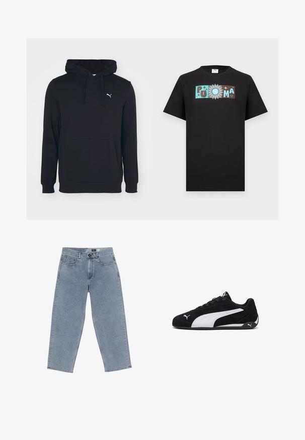 Zwarte hoodie van een katoenmix, met een voorzak, trekkoord in de capuchon en een klein wit logo op de borst. Soepele textuur.; Zwart T-shirt met korte mouwen met een horizontaal logoontwerp met de letters "PUMA" en een zon met het Puma-icoon in het midden.; Lichtblauwe denim wijde jeans met een knoopsluiting, vijf zakken en recht afgesneden benen. Zachte textuur, minimale vervaging en nette stiksels.; Zwarte suède sportschoenen met een witte zijstreep, witte merkaccenten, een platte zwarte zool en zwarte veters.