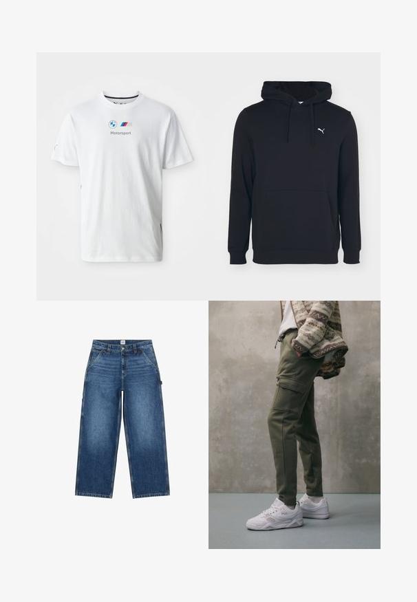 Sort hættetrøje lavet af en bomuldsblanding, med en lomme foran, snøre i hætten og et lille hvidt logo på brystet. Glat tekstur.; Hvid bomulds t-shirt med BMW-logoet, "Motorsport" tekst i grå og farverige accenter på siderne. Kortærmet og med rund halsdesign.; Blå jeans med vide ben, forlommer, bæltestropper, knaplukning og et Lee-mærke på taljen.; Olivenfarvede cargo bukser med snøre i taljen, med sidelommer og syninger, parret med hvide FILA sneakers.