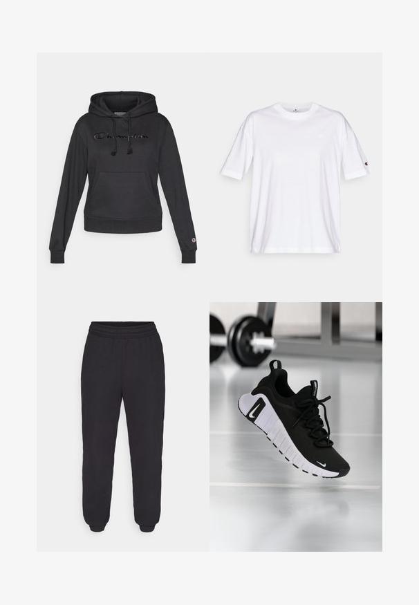 Zwarte pullover hoodie gemaakt van zachte stof, met een kangaroozak aan de voorkant, verstelbare trekkoorden en een geborduurd "Champion" logo.; Wit katoenen T-shirt met een ronde hals, korte mouwen en een klein logo op de linkerborst. Soepele textuur, standaard pasvorm.; Zwarte sportbroek met een elastische tailleband, taps toelopende broekspijpen, gladde stof en zonder zichtbare patronen of hardwaredetails.; Zwarte sportschoen met een textuurstof bovenwerk, witte zool en een opvallend vetersysteem. Voorzien van een Nike-logo en een zacht, gedempt ontwerp.