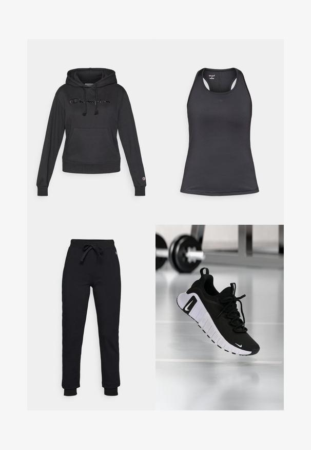 Mustast pehmest kangast kapuutsiga pullover, millel on ees kängurutasku, reguleeritavad paelad ja tikitud "Champion" logo.; Must sportlik top, millel on racerback-disain, valmistatud siledast ja venivast kangast, millel on minimaalsed õmblused ning esiküljel logo.; Mustad mustakesed paelaga vöökohal, ribatud randmete ja vaevu märgatava logoplaadiga puusal. Valmistatud pehmest ja venivast materjalist.; Must spordijalats, millel on tekstureeritud kangast pealmine osa, valge tallaga ja silmatorkava paelasüsteemiga. Omab Nike logo ning pehme ja polsterdatud disain.