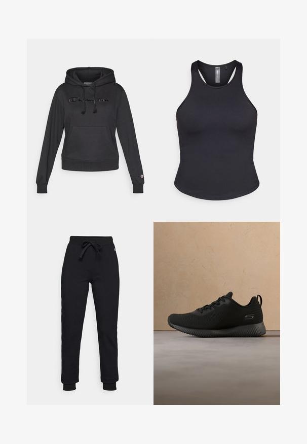 Sudadera negra con capucha confeccionada en tela suave, que cuenta con un bolsillo tipo canguro delantero, cordones ajustables y el logo "Champion" bordado.; ONLY Play ONPSANA SHORT - Top - black; Pantalones de chándal negros con cintura ajustable, puños acanalados y un discreto parche con logotipo en la cadera. Hechos de un material suave y elástico.; Zapatillas deportivas negras con parte superior texturizada, punta redonda y cordones. Cuenta con una suela acolchada y una pestaña en el talón para facilitar su uso.