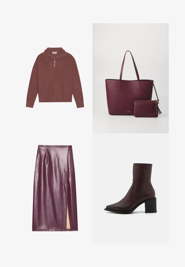 Ribbet, bordeaux farvet pullover sweater med høj krave, 1/4 lynlås lukning og brede ærmer. Blød tekstur med en afslappet pasform.; Bordeaux farvet faux læder blyantskirt med slidser i siden, glat tekstur og sømdetaljer, der har en tætsiddende silhuet og knælangt design.; Zign LEATHER - Støvletter - bordeaux; Bordeaux vegan læder tote taske med to robuste håndtag, har en matchende lynlåspose med frynse detalje. Glat, tekstureret overflade.