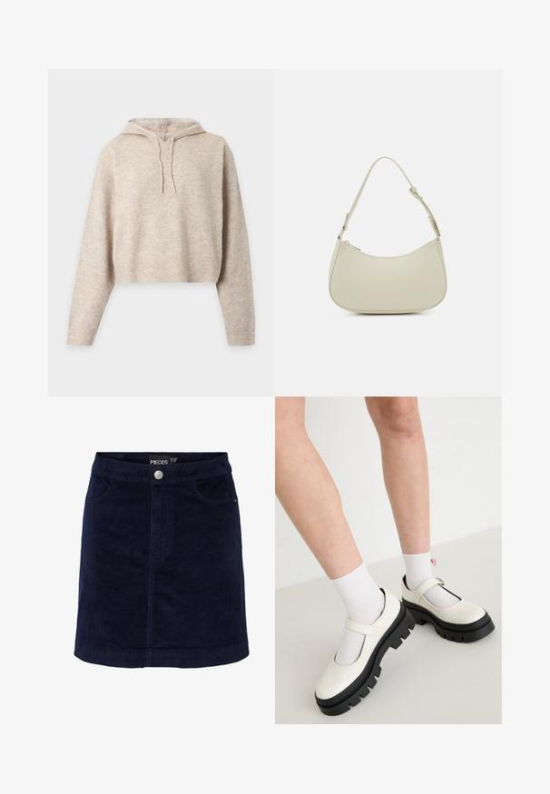 Beige strikket cropped hættetrøje med lange ærmer og snore, vist på en ensfarvet lys baggrund.; Marineblå fløjl mini nederdel med en let A-form, der har knaplukning foran og to forlommer. Glat tekstur med synlige ribber.; Hvide patentlæder Mary Jane-sko med en kraftig sort sål, der har en rem over vristen og bæres med hvide sokker.; Pieces PCALUANA SHOULDER BAG - Håndtasker - birch
