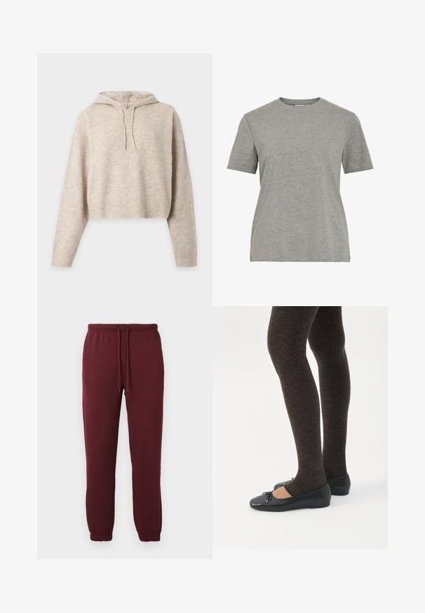 Beige gebreide cropped hoodie met lange mouwen en trekkoorden, getoond op een effen lichte achtergrond.; Grijs katoenen T-shirt met een klassieke ronde hals, korte mouwen en een gladde textuur, geschikt voor casual dragen.; Bordeaux joggerbroeken met elastische tailleband, trekkoord, zijzakken en elastische boorden op een effen witte achtergrond.; Benen met donkere geribbelde leggings gecombineerd met zwarte ballerina's met kleine strikdetails op een witte achtergrond.
