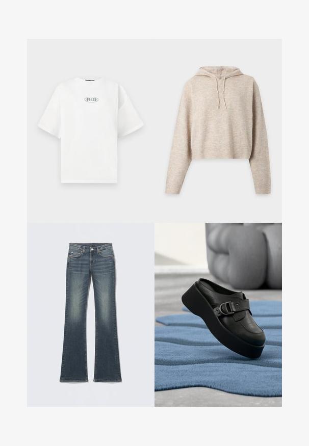 Beige gebreide cropped hoodie met lange mouwen en trekkoorden, getoond op een effen lichte achtergrond.; Witte T-shirt met korte mouwen van katoen, met een grafisch logo in het groen binnen een ovale vorm in het midden van de borst.; Wijde blauwe spijkerbroeken met een vervaagde afwerking, vijf zakken, contrasterende stiksels en een knoopsluiting in de taille.; Zwarte leren plateau mule met een grote gesp, rustend op een gestructureerd, golvend blauw kleed en een wazige grijze achtergrond.
