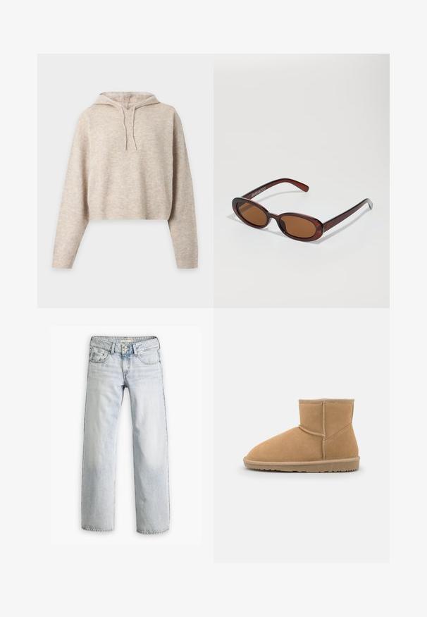 Beige strikket cropped hættetrøje med lange ærmer og snore, vist på en ensfarvet lys baggrund.; Lyseblå denimjeans med en afslappet pasform, høj talje og fem-lomme design. Har syning detaljer og knaplukning.; Brun ruskinds ankelstøvle med rund tå og polstret krave, der har kontrastsyninger og en tekstureret gummisål.; Runde, bruntonede solbriller med en glansfuld bordeauxramme. Slanke arme med diskret brandingdetalje. Flad linsedesign.