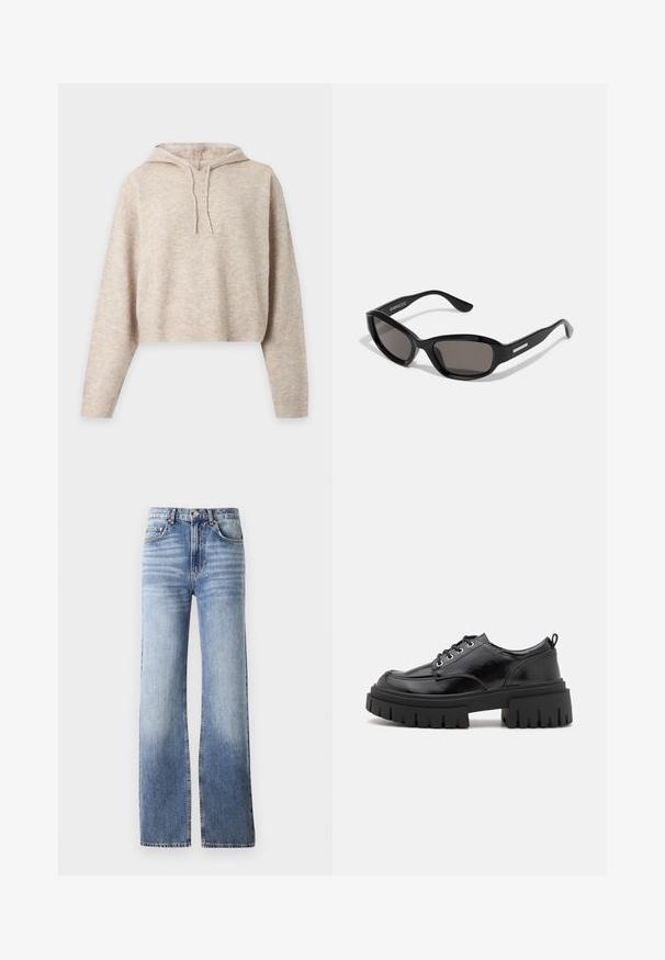 Beige strikket cropped hættetrøje med lange ærmer og snore, vist på en ensfarvet lys baggrund.; Lysblå denimjeans med høj talje, bred bukseben og subtilt slid. Har knaplukning og fem-lomme design.; Sorte læder snørestøvler med rund tå, tyk sort platformssål og rillet tekstur. Har snørehuller og en bageste løkke.; Sorte solbriller med rektangulært stel, mørke linser, glat plastmateriale og en metalaccent på templet.