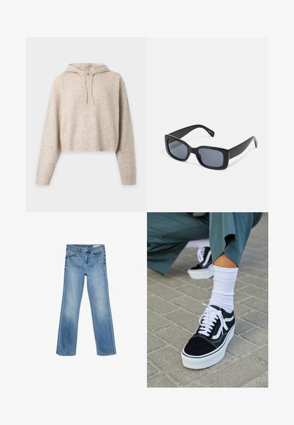 Beiger gestrickter Cropped-Hoodie mit langen Ärmeln und Kordeln, dargestellt vor einem schlichten hellen Hintergrund.; Helle blaue Denim-Jeans mit einem klassischen Fünf-Taschen-Design, Knopf- und Reißverschluss sowie geradem Bein.; Schwarze Wildledersneaker mit weißen Akzenten und Schnürsenkeln, ausgestattet mit einer dicken weißen Sohle und kontrastierenden Nähten, kombiniert mit einer weißen Socke.; Schwarze rechteckige Sonnenbrille mit dunkel getönten Gläsern, dickem Kunstrahmen und breiten Bügeln. Glatte Oberfläche und kantiges Design.