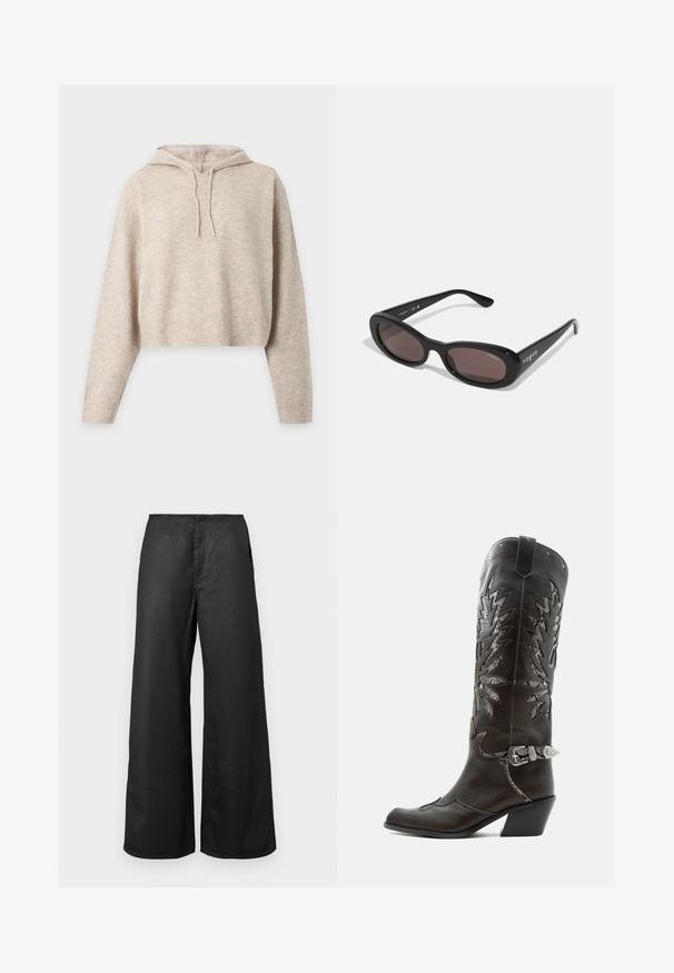 Beige strikket cropped hættetrøje med lange ærmer og snore, vist på en ensfarvet lys baggrund.; Sorte bredbenede bukser med forlommer og høj talje, lavet af et glat stof, præsenteret mod en ensfarvet lys baggrund.; Sort læder cowboystøvle med dekorative udskæringer, sølvspænde og skrå hæl, vist på hvid baggrund.; Sorte solbriller med ovale rammer, mørkt tonede linser og "vogue" trykt i hvidt på de ydre arme. Glat plastmateriale.