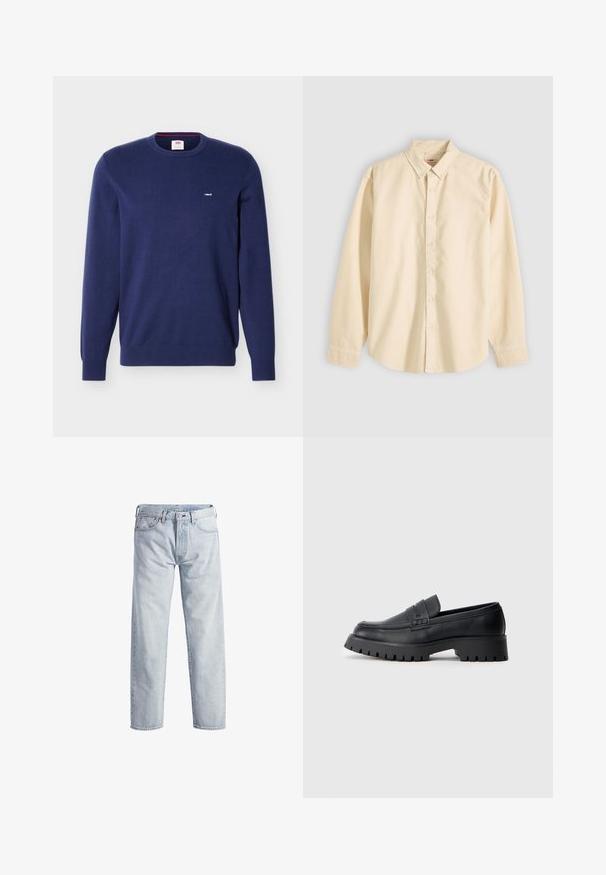 Μπλε ναυτικό πουλόβερ Levi's με στρογγυλή λαιμόκοψη, μακριά μανίκια και μικρό λευκό λογότυπο Levi's στο αριστερό στήθος.; Μπεζ πουκάμισο με μακριά μανίκια, κουμπωμένο μέχρι κάτω με γιακά, απλωμένο επίπεδα με κλειστά τα κουμπιά και τα μανίκια κουμπωμένα σε ανοιχτό φόντο.; Ανοιχτό μπλε τζιν παντελόνι με σχέδιο ίσιας γραμμής, κλείσιμο με κουμπί, πέντε τσέπες και διακριτή υφή φθοράς. Διαθέτει μεταλλικές λεπτομέρειες.; Μαύρες δερμάτινες μπαλαρίνες με στρογγυλή μύτη, που διαθέτουν διακοσμητική λωρίδα και χοντρή καουτσούκ σόλα με βαθιά αυλάκια για πρόσφυση.