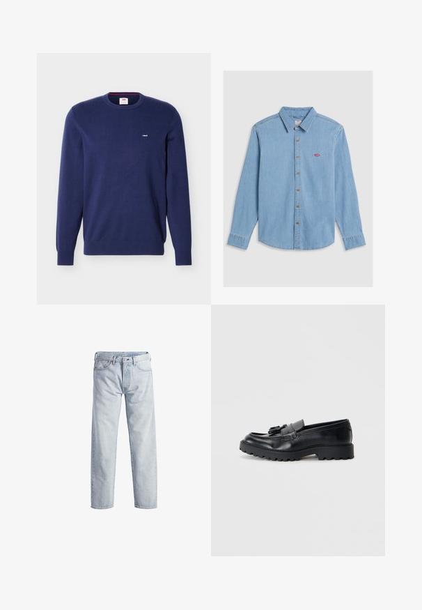 Marineblauwe Levi's crewneck trui met lange mouwen en klein wit Levi's-logo op de linkerborst.; Lichtblauwe denim shirt met lange mouwen, knoopsluiting aan de voorkant en een puntige kraag. Bevat bruine knopen en een kleine rode logopatch.; Lichtblauwe denim jeans met een rechtstaand ontwerp, knopenfly, vijf zakken en een subtiele vervaagde textuur. Voorzien van metalen hardware accenten.; Zwarte leren loafers met een glanzende afwerking, een dikke rubberen zool en een decoratieve kwastdetail aan de voorkant.