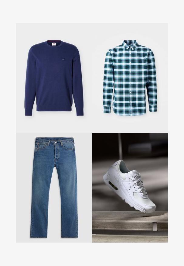 Tmavomodrý sveter Levi's s okrúhlym výstrihom, dlhými rukávmi a malým bielym logom Levi's na ľavej strane hrudníka.; Zeleno-biely kockovaný dlhý rukáv košele s golierom s gombíkmi a prednými gombíkmi. Vyrobené z ľahkej látky, s precíznym strihom.; Modré rovné džíny z denimu s piatimi vreckami, pútkami na opasok a predným zapínaním na gombík a zips na jednofarebnom pozadí.; Biele tenisky Nike Air Max 90 s vrchnou časťou z kože a sieťoviny, perforovanou špičkou a viditeľnou vzduchovou jednotkou v päte.