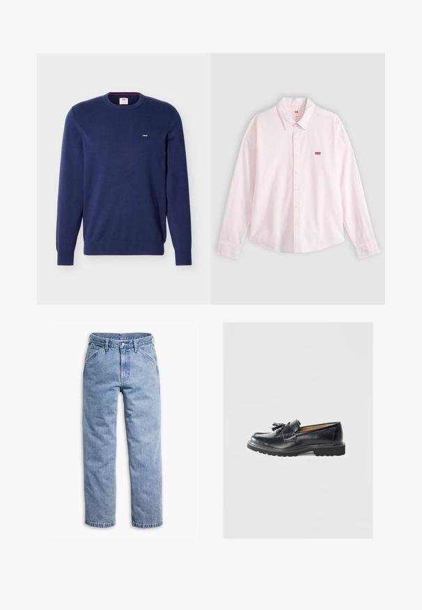 Tmavomodrý sveter Levi's s okrúhlym výstrihom, dlhými rukávmi a malým bielym logom Levi's na ľavej strane hrudníka.; Svetloružová košeľa s dlhým rukávom na gombíky s golierom a červenou nášivkou s logom Levi's na ľavej strane hrudníka, zobrazená na jednolatom pozadí.; Svetlomodré rifle s rovnými nohavicami, s predným zapínaním na gombík a zips, pútkami na opasok a šikmými prednými vreckami.; Čierne kožené mokasíny s výraznou plochou podrážkou, prešitými detailmi, ozdobou s třásňami a hladkým povrchom.