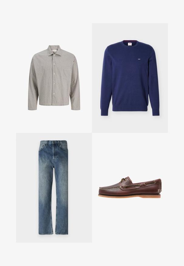 Pull ras du cou Levi's bleu marine à manches longues avec petit logo blanc Levi's sur la poitrine gauche.; Chemise à carreaux à boutons dans des couleurs atténuées, dotée d'un col évasé, de manches longues, d'une poche poitrine et d'une coupe décontractée. Tissu en mélange de coton.; Jeans en denim bleu avec une coupe droite, présentant un délavage, des passants de ceinture, des poches avant et une seule poche arrière.; Chaussure bateau en cuir marron avec coutures blanches, détails de lacets et semelle en caoutchouc beige, vue de côté sur fond blanc.