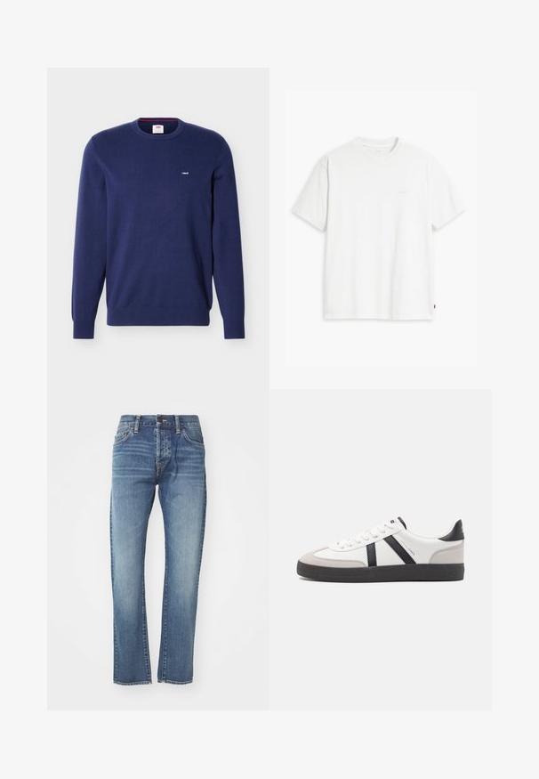 Μπλε ναυτικό πουλόβερ Levi's με στρογγυλή λαιμόκοψη, μακριά μανίκια και μικρό λευκό λογότυπο Levi's στο αριστερό στήθος.; Λευκό βαμβακερό t-shirt με κοντά μανίκια, στρογγυλή λαιμόκοψη και διακριτικό λογότυπο "Levi's" σε ανοιχτό χρώμα στο μπροστινό μέρος.; Μπλε τζιν παντελόνι με ίσια γραμμή, με μέτριο πλύσιμο, πέντε τσέπες και διακριτική φθορά. Περιλαμβάνει κλασική μέση και θηλιές ζώνης.; Λευκό αθλητικό παπούτσι με μαύρες και γκρί λεπτομέρειες, featuring ένα υφή γκρί καλύμμα δαχτύλου, μαύρη καουτσούκ σόλα και επίπεδες λευκές κορδόνες. Καθαρός σχεδιασμός, μινιμαλιστικό στυλ.