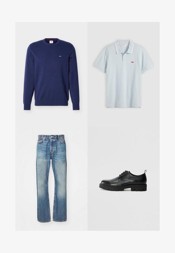 Tmavomodrý sveter Levi's s okrúhlym výstrihom, dlhými rukávmi a malým bielym logom Levi's na ľavej strane hrudníka.; Svetlomodré polo s krátkym rukávom, biele dvojité pruhy na golieri a malé červené logo Levi's na hrudi, zobrazené na ploche.; Svetlomodré denimové džínsy s klasickým rovnom strihom, vyblednutým povrchom a viditeľným šitím po celom obvode. Obsahujú predné vrecká a pútka na opasok.; Čierne kožené topánky s okrúhlou špičkou, so šnurovacím dizajnom, pevným čiernym gumovým podpätkom a malým pútkom na päte.