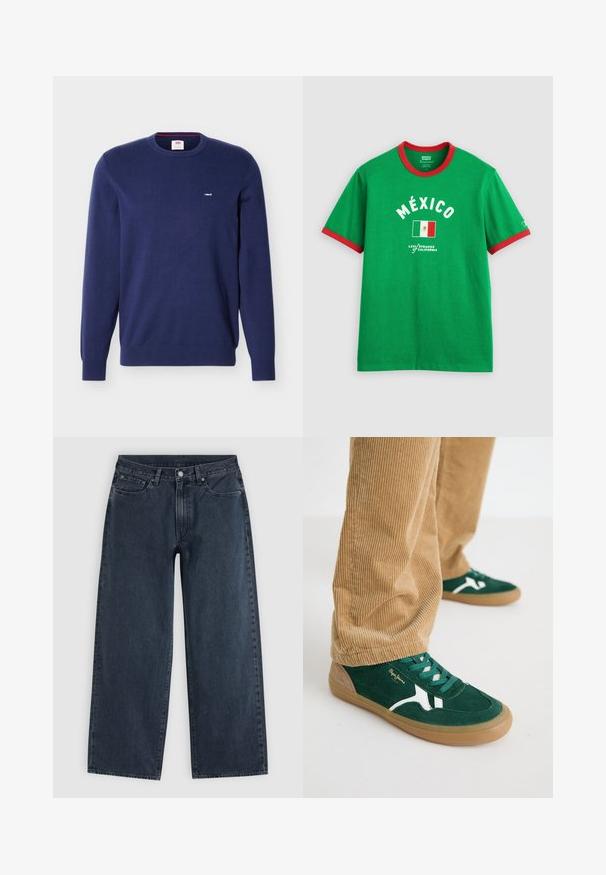 Navyblå Levi's crewneck-trøje med lange ærmer og lille hvidt Levi's-logo på venstre bryst.; Grøn T-shirt med korte ærmer med rød kant, det mexicanske flag og teksten "MÉXICO" og "Levi Strauss California" foran.; Mørkeblå jeans med vidde i benene, fem lommer, bæltestropper, knaplukning og lynlås, lagt fladt på en lys baggrund.; Grønne svineder sko med hvide accenter og grønne snørebånd. Gummisål, rund tå og tan detaljer på hælen. Båret med fløjl bukser.
