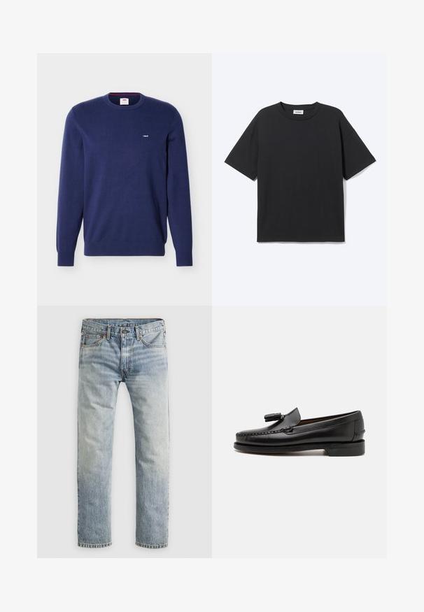 Marineblauwe Levi's crewneck trui met lange mouwen en klein wit Levi's-logo op de linkerborst.; Zwart T-shirt met korte mouwen en ronde hals met een ontspannen pasvorm, vooraanzicht, effen ontwerp en zichtbaar Weekday-merklabel binnenin de kraag.; Lichtblauwe denim jeans met rechte pijpen, met knoopsluiting, voorzakken en riemlussen, plat weergegeven op witte achtergrond.; Zwarte leren instappers met moccasinstiksels, een ronde neus en een kwastaccent. Platte hak met een gladde textuur, ontworpen voor casual gebruik.