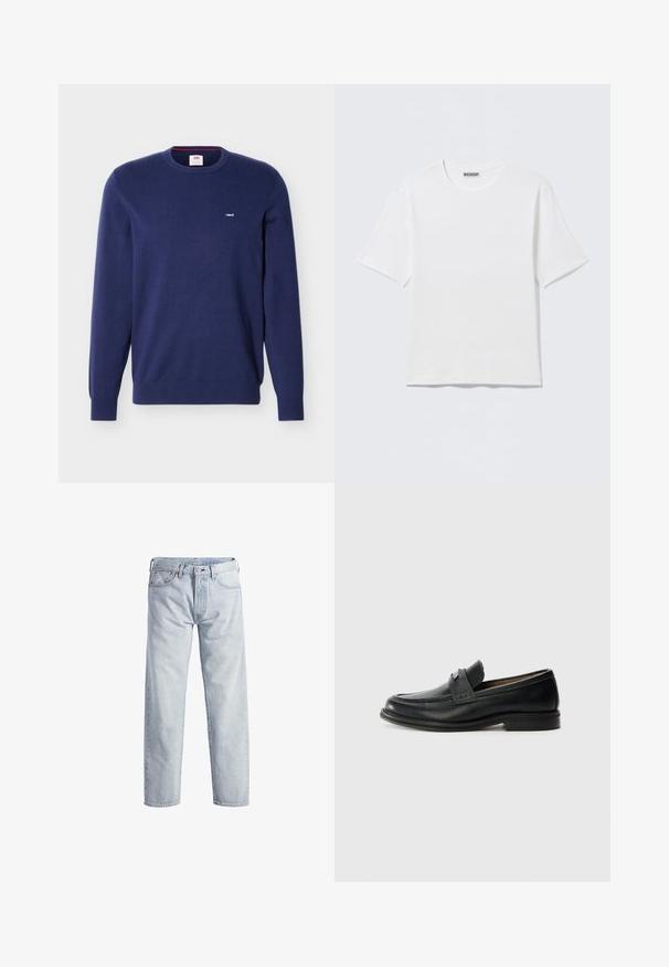Tmavomodrý sveter Levi's s okrúhlym výstrihom, dlhými rukávmi a malým bielym logom Levi's na ľavej strane hrudníka.; Jednoduché biele tričko s krátkym rukávom a okrúhlym výstrihom, s malou nálepkou "WEEKDAY" na vnútornej zadnej časti goliera, položené na rovnej ploche.; Svetlo modré džíny z denimu so strihom rovného nohavice, so zapínaním na gombíky, piatimi vreckami a jemným efektom blednutia. Obsahuje kovové prvky.; Čierne kožené mokasíny s hladkým povrchom, ktoré majú textúrovaný horný pás, nízky opätok a minimálne švy.