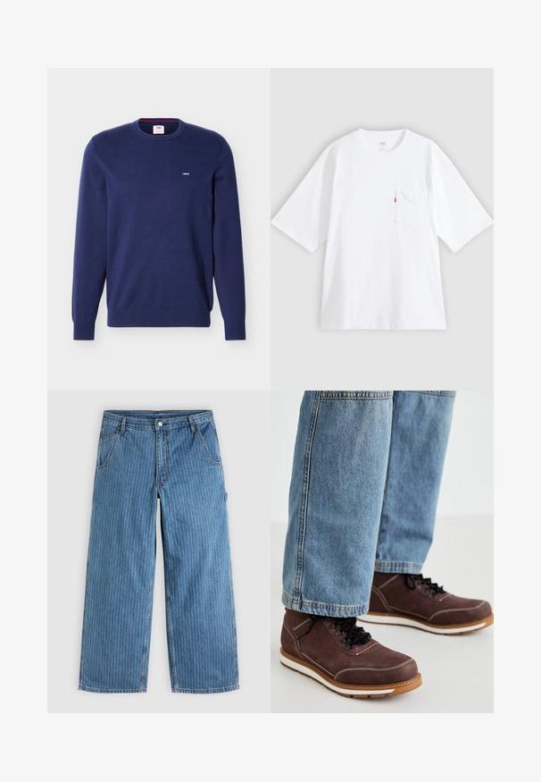 Navyblå Levi's crewneck-trøje med lange ærmer og lille hvidt Levi's-logo på venstre bryst.; Hvid bomulds-T-shirt med korte ærmer, rund hals og lomme på venstre bryst. Har en lille rød logoetiket på lommen.; Blå vidde jeans med tynde hvide lodrette nålestriber, forlommer, bæltestropper og knaplukning i taljen.; Brune lædersko med sorte snørebånd, hvid syning og gummisål. Bæres sammen med lyseblå denim jeans i en let løs pasform.