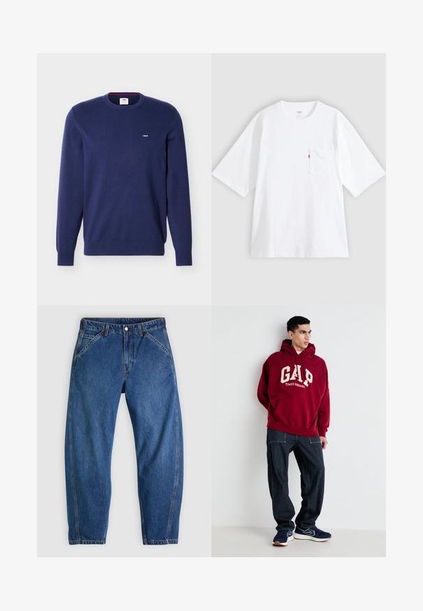 Navyblå Levi's crewneck-trøje med lange ærmer og lille hvidt Levi's-logo på venstre bryst.; Hvid bomulds-T-shirt med korte ærmer, rund hals og lomme på venstre bryst. Har en lille rød logoetiket på lommen.; Blå denimjeans med afslappet pasform, med knaplukning, fem lommer og kontrasterende orange syninger. Glat tekstur over det hele.; Mørkerød hættejakke med "GAP" og "TIMES SQUARE" trykt i cremefarve, sammen med marineblå stribede bukser og marineblå sneakers med hvide detaljer.