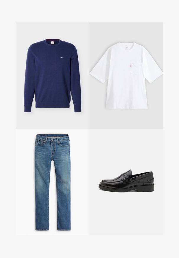 Marineblauer Levi's Pullover mit Rundhalsausschnitt, langen Ärmeln und kleinem weißem Levi's Logo auf der linken Brust.; Weißes Baumwoll-T-Shirt mit kurzen Ärmeln, rundem Ausschnitt und Brusttasche auf der linken Seite. Mit kleinem rotem Logotag an der Tasche.; Blaue gerade geschnittene Jeans mit Knopf- und Reißverschluss vorne, Fünf-Taschen-Design und dezenten Ausbleichungen an Oberschenkeln und Knien.; Schwarze Lederloafers mit glatter Oberfläche, abgerundetem Zehenbereich, niedrigem Absatz und dekorativer Naht entlang der Vorderseite. Gummisohle für guten Halt.