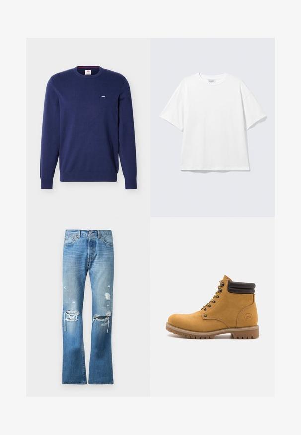 Tmavomodrý sveter Levi's s okrúhlym výstrihom, dlhými rukávmi a malým bielym logom Levi's na ľavej strane hrudníka.; Biele oversize tričko s krátkym rukávom a okrúhlym výstrihom s padnutými ramenami, položené na svetlošedom pozadí.; Modré džíny s rovnými nohavicami, so svetlým praním a viacerými poškodenými miestami na oboch kolenách a horných stehnách.; Hnedé semišové členkové čižmy s čiernym polstrovaným golierom, kovovými očkami a šnúrkami, s robustnou gumovou podrážkou a embosovanou značkou na boku.