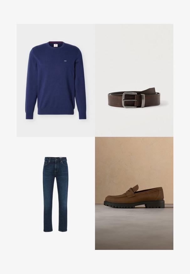Tmavomodrý sveter Levi's s okrúhlym výstrihom, dlhými rukávmi a malým bielym logom Levi's na ľavej strane hrudníka.; WE Fashion BLUE RIDGE - Džínsy s rovným strihom - dark blue; Tmavohnedý kožený mokasín s hrubou čiernou gumovou podrážkou zobrazený nad béžovým koberecom a pozadím sedačky.; Tmavohnedý kožený opasok so striebornou obdĺžnikovou prackou, stočený a položený na svetlom neutrálnom pozadí.