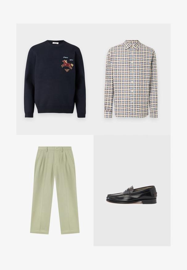Pull bleu marine à col rond avec un cheval rouge brodé, deux lignes ondulées bleues et un petit papillon sur le haut gauche de la poitrine.; Chemise boutonnée à motif à carreaux marron, bleu et crème. Confectionnée dans un tissu léger avec un col standard et des manches longues.; Pantalon beige clair à jambes droites avec passants de ceinture, plis devant, poches latérales et fermeture par bouton à la taille.; Mocassins en cuir noir avec un design de style mocassin, présentant une bande décorative et un détail de couture sur le dessus. Talon bloc bas.