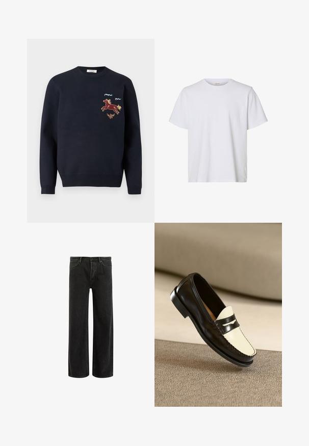 Mørkeblå crewneck-trøje med broderet rød hest, to blå kruseduller og en lille sommerfugl på den øverste venstre bryst.; Enkelt hvid kortærmet T-shirt med rund hals, almindelig pasform og glat stofstruktur, vist på en hvid baggrund.; Sorte denim bredde ben jeans med høj talje, med klassisk fem-lomme design og subtil falmning for et tekstureret udseende.; Sort læderloafer med en cremefarvet vamp og sorte accentstriber, som har en lav hæl og detaljeret syning langs kanterne.