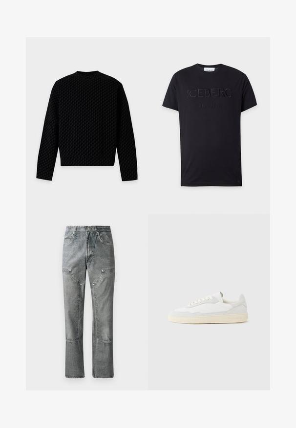 Chemise noire à manches longues avec un motif pied-de-poule sombre subtil, col rond et ourlet droit, vue de dos sur un fond clair.; T-shirt noir à manches courtes avec col rond et texte brodé noir "ICEBERG since 1974" sur le devant.; Jean en denim gris à coupe droite, avec poches avant, coutures visibles et finition décolorée. Le matériau a une texture lisse.; Baskets blanches avec dessus en daim et cuir texturé. Caractérisées par un bout arrondi, une fermeture à lacets et une semelle en caoutchouc beige contrastante.