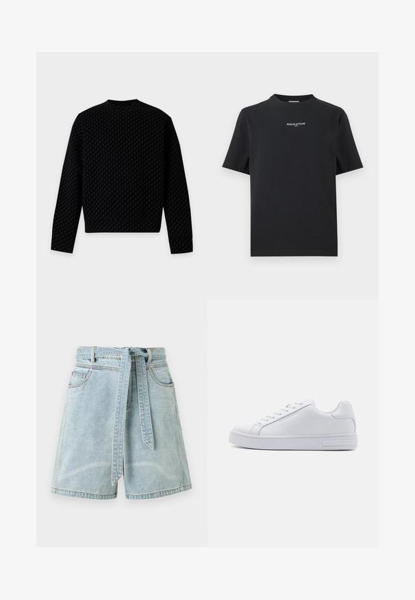 Langärmeliges schwarzes Hemd mit dezentem dunklem Hahnentrittmuster, Rundhalsausschnitt und geradem Saum, von hinten auf hellem Hintergrund gezeigt.; Schwarzes T-Shirt mit kurzen Ärmeln und dem Schriftzug "MAISON KITSUNÉ PARIS" in kleiner weißer Schrift, zentriert auf der Brust.; Hellblaue Denim-Shorts mit Taschen vorne und einem passenden Stoffgürtel, der an der Taille zu einem Knoten gebunden ist.; Weiße Ledersneaker mit glatter Textur, runder Zehenform, Schnürung vorne und flacher Gummisohle. Mit eingeprägtem Branding an der Ferse.