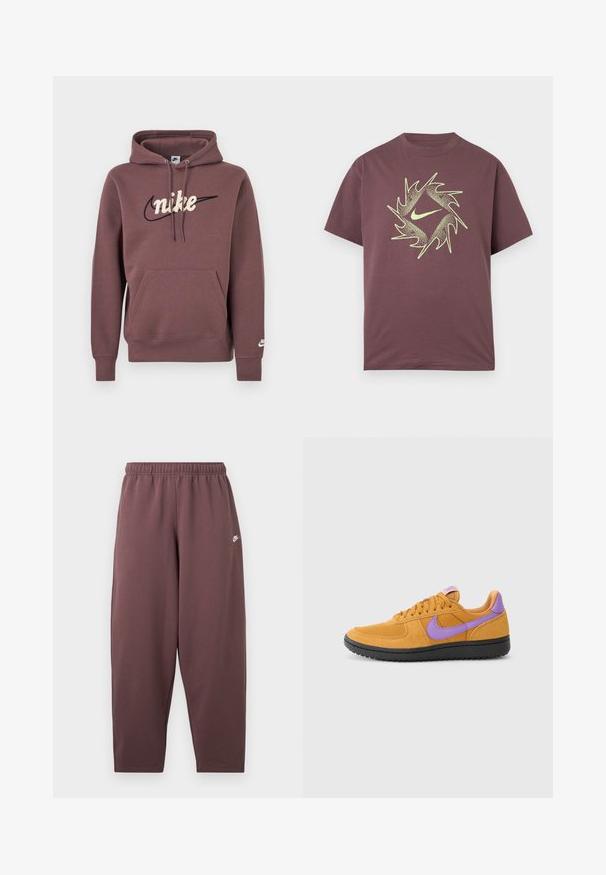 Sudadera con capucha marrón de Nike con bolsillo delantero, capucha con cordón y nombre de la marca bordado en blanco sobre un logo de swoosh negro en el pecho.; Camiseta de manga corta color burdeos con un diseño abstracto circular espinado en neón amarillo y un logo central de swoosh en el pecho.; Pantalones deportivos de corte holgado en color malva oscuro con cintura elástica y pequeño logo Nike swoosh blanco en la parte superior del muslo.; Zapatillas de ante naranja con acentos morados, que cuentan con un diseño de cordones, puntera redonda y suela de goma negra texturizada.
