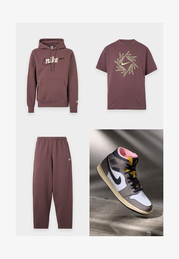 Sweat à capuche Nike marron avec poche avant, capuche à cordon de serrage, et nom de la marque brodé en blanc au-dessus d'un logo swoosh noir sur la poitrine.; T-shirt à manches courtes bordeaux avec un design abstrait circulaire pointu en jaune néon et un logo swoosh central sur la poitrine.; Pantalon de survêtement ample mauve foncé avec taille élastique et petit logo blanc Nike Swoosh sur la cuisse supérieure.; Sneaker Nike Air Jordan montante en blanc, gris et noir avec un intérieur rose et une languette jaune, posé sur une surface en béton.