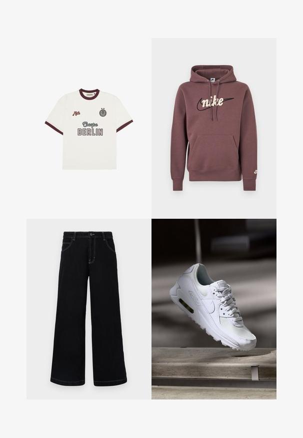 Sudadera con capucha marrón de Nike con bolsillo delantero, capucha con cordón y nombre de la marca bordado en blanco sobre un logo de swoosh negro en el pecho.; Camiseta blanca de manga corta con ribete burdeos, texto "Escape BERLIN" en el centro del frente, "Mitte" en el lado izquierdo del pecho y un emblema circular con dos estrellas en el lado derecho del pecho.; Pantalones de mezclilla negros de pierna ancha, con cierre de botón, cinco bolsillos y costuras en contraste de color blanco a lo largo de las costuras.; Zapatilla Nike Air Max 90 blanca con parte superior de malla y cuero, caja de puntera perforada y unidad de aire visible en el talón.