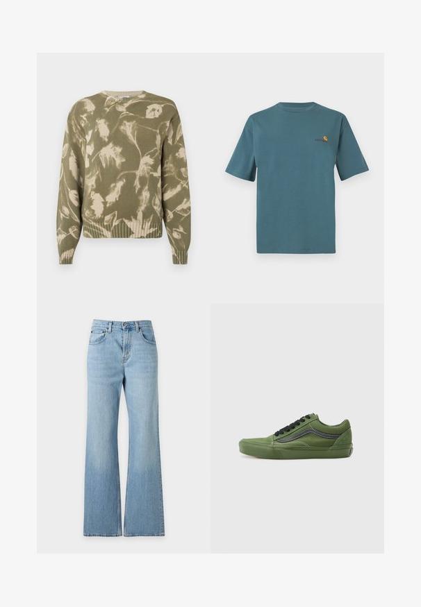 Suéter de punto en verde olivo con un patrón de hojas en color crema. Con dobladillo y puños acanalados, cuello redondo y corte relajado. Diseño de tela texturizada.; Camiseta de algodón en color verde azulado con mangas cortas, que presenta un cuello redondo y un pequeño logotipo bordado en naranja y burdeos en el pecho.; Vaqueros de mezclilla azul claro con cintura alta, cinco bolsillos, trabillas para cinturón, cierre de botón y perneras anchas acampanadas, mostrados sobre un fondo liso.; Zapatillas de lona verdes con cordones negros y una franja lateral. Presentan una punta redondeada, suela de goma y costuras blancas en contraste. Diseño clásico de zapatilla.