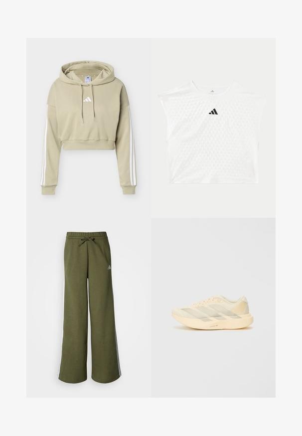 Beige cropped hættetrøje med hvid Adidas-logo på brystet og tre hvide striber ned langs hver ærme, med snørrelukning i hætten.; Hvid Adidas kortærmet atletisk skjorte med tekstureret prikmønster og sort Adidas-logo centreret på brystet.; Olivengrønne joggers med brede ben lavet af blødt stof, med snoretræk i taljen og hvide sideløbende striber. Adidas-logo i sølv.; Letvægts atletisk sko i lys gul og creme, med en tekstureret mesh-overdel, tre diagonale striber og en tyk sål med "LIGHTSTRIKE PRO" detalje.