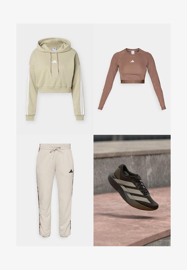 Beiger, kurz geschnittener Hoodie mit weißem Adidas-Logo auf der Brust und drei weißen Streifen, die die Ärmel entlanglaufen, mit Kapuze und Kordelzug.; Brauner langärmeliger Crop-Top aus glattem, dehnbarem Stoff. Verfügt über einen runden Halsausschnitt und ein kontrastierendes weißes Logo auf der Brust.; Hellbeige Sweatpants aus weichem Stoff, mit einem verstellbaren Bund und schwarzen Seitenpaneelen mit einem Leopardenmuster.; Brauner Laufschuh mit einer strukturierten Oberseite, breiten weißen Streifen, schwarzen Schnürsenkeln und einer glatten Sohle, in schwebender Position dargestellt.