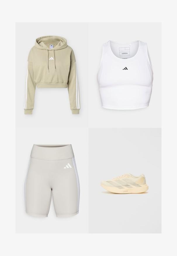 Μπεζ cropped φούτερ με λευκό λογότυπο Adidas στο στήθος και τρεις λευκές ρίγες σε κάθε μανίκι, με κουκούλα και κορδόνι.; Άσπρο αθλητικό crop top από ελαφρύ, αναπνεύσιμο ύφασμα. Διαθέτει δικτυωτές πλευρικές πάνελ και μαύρο κεντητό λογότυπο στο στήθος.; Μπεζ αθλητικές βερμούδες με ψηλή ζώνη, απαλό υλικό, τρία λευκά λωρίδια στα πλάγια και ένα μικρό λευκό λογότυπο μπροστά.; Ελαφρύ αθλητικό παπούτσι σε ανοιχτό κίτρινο και κρέμα, με υφή πλέγματος στο άνω μέρος, τρεις διαγώνιες ρίγες και χοντρή σόλα με λεπτομέρεια "LIGHTSTRIKE PRO".