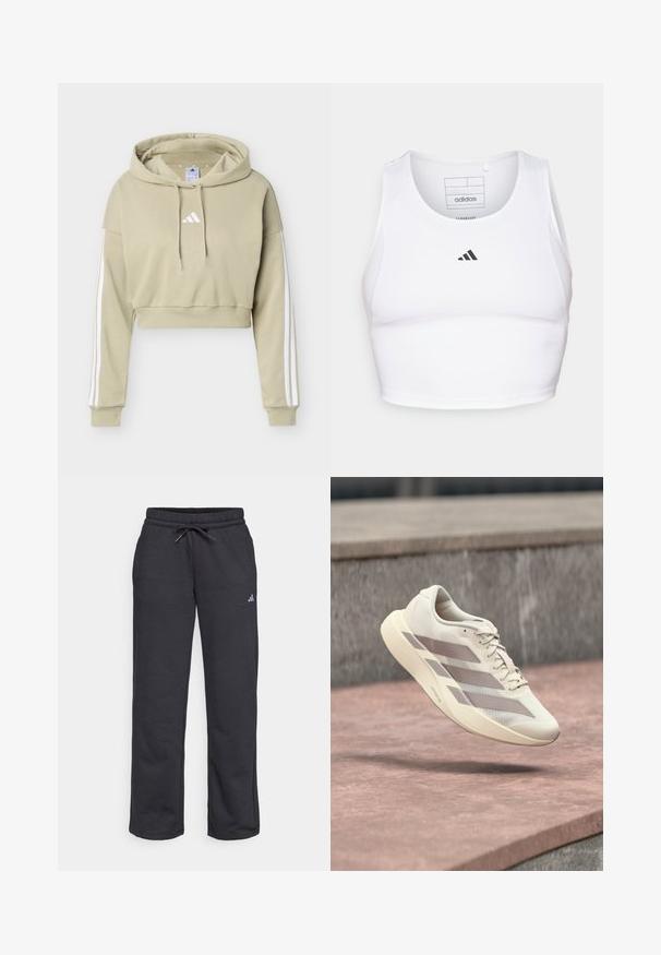 Beiger, kurz geschnittener Hoodie mit weißem Adidas-Logo auf der Brust und drei weißen Streifen, die die Ärmel entlanglaufen, mit Kapuze und Kordelzug.; Weißes sportliches Crop-Top aus leichtem, atmungsaktivem Material. Mit Mesh-Seitenpanelen und schwarzem, gesticktem Logo auf der Brust.; Schwarze Jogginghose aus weichem Stoff, mit elastischem Bund, Kordelzug und kleinem Logo am linken Bein.; Cremefarbener Laufschuh mit taupefarbenen Streifen, der über einer rötlich-braunen gefliesten Oberfläche und einem grauen Stein-Hintergrund schwebt.