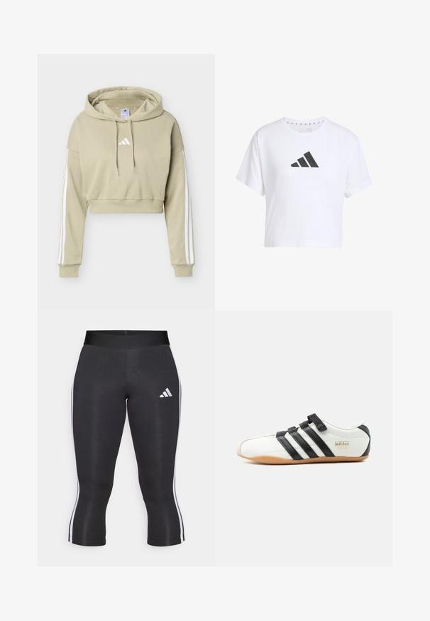Beige cropped huppari, jossa valkoinen Adidas-logo rinnassa ja kolme valkoista raitaa juoksemassa kunkin hihan läpi, ja jossa on kiristysnauhalla varustettu huppu.; Valkoinen lyhythihainen crop-t-paita, joka on valmistettu puuvillasta. T-paidassa on musta kolmiraidan logo edessä ja pyöreä kaula-aukko.; Mustat capri leggings leveällä vyötärönauhoilla, joissa on valkoiset sivuviivat ja valkoinen Adidas-logo vasemmassa reidessä. Sileä pinta.; Valkoinen Adidas Tokyo -lenkkari mustilla raidoilla, mustilla tarranauhoilla ja kumipohjalla, esitetty sivulta valkoisella taustalla.